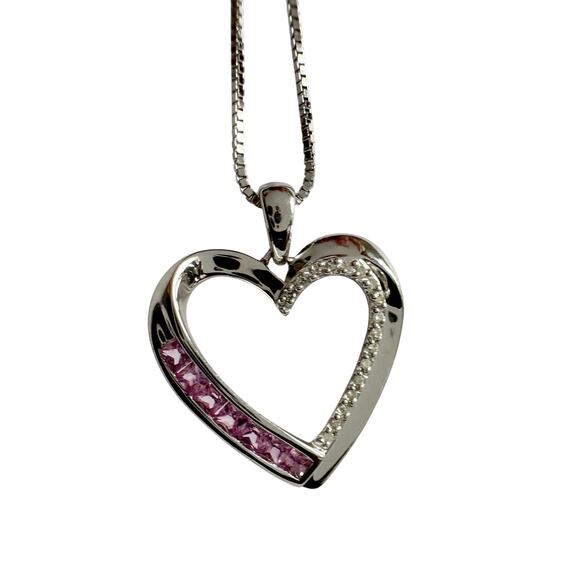 Pink & White Heart Necklace with Lab Created Sapphires - Sterling Silver - Picture 11 of 14